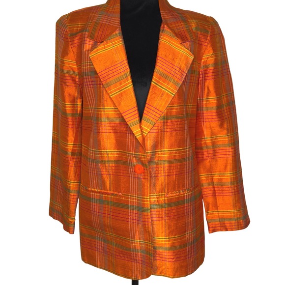 Vtg Mark Alan Blazer Womens Sz 8 Plaid 100% Silk Orange Career Business Jacket - Picture 1 of 6
